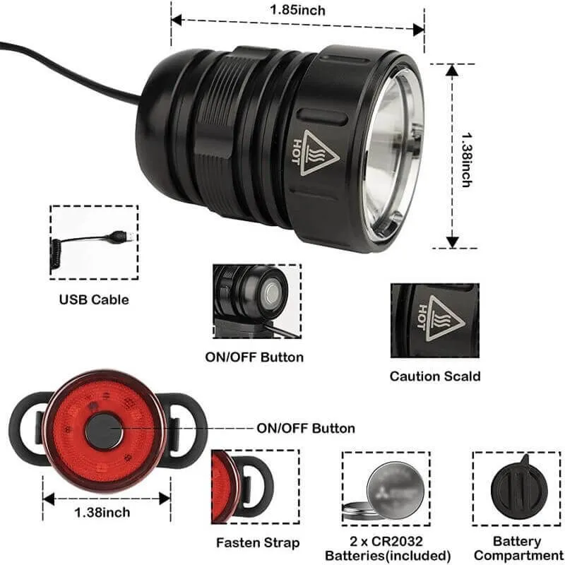 2000 Lumens Waterproof  Rechargeable LED Bike Light With Bicycle Safety Lights