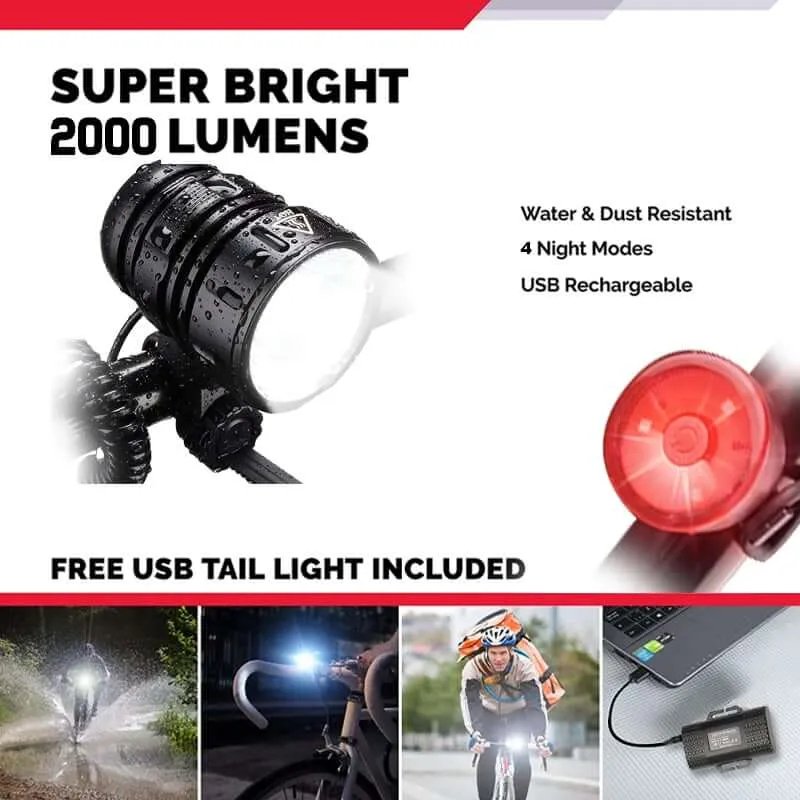 2000 Lumens Waterproof  Rechargeable LED Bike Light With Bicycle Safety Lights
