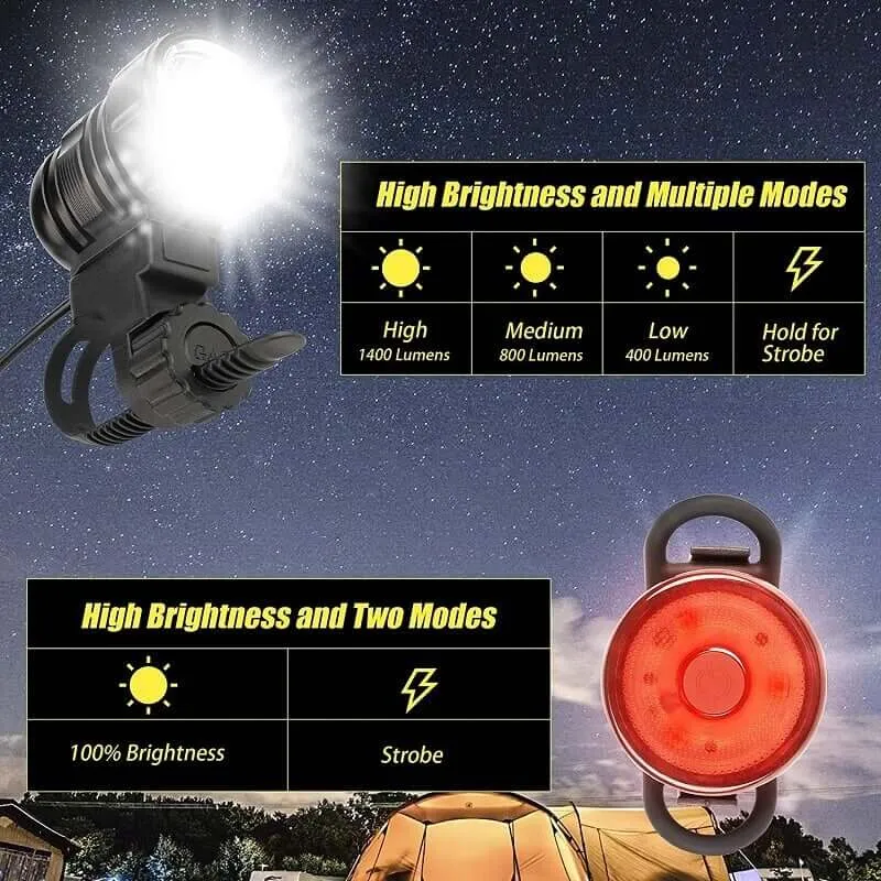 2000 Lumens Waterproof  Rechargeable LED Bike Light With Bicycle Safety Lights