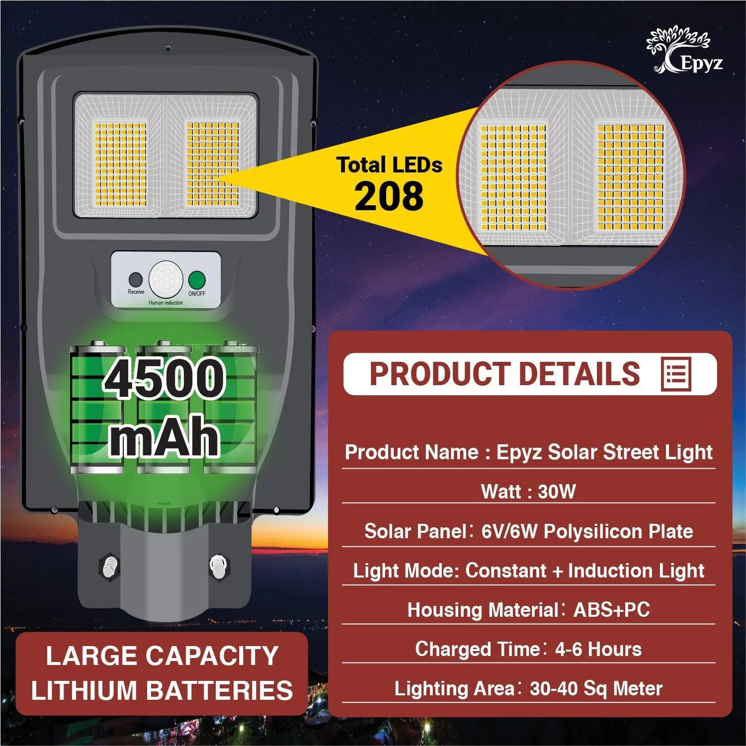 30 Watt Solar Street Lights for Outdoor ( Warm Light )