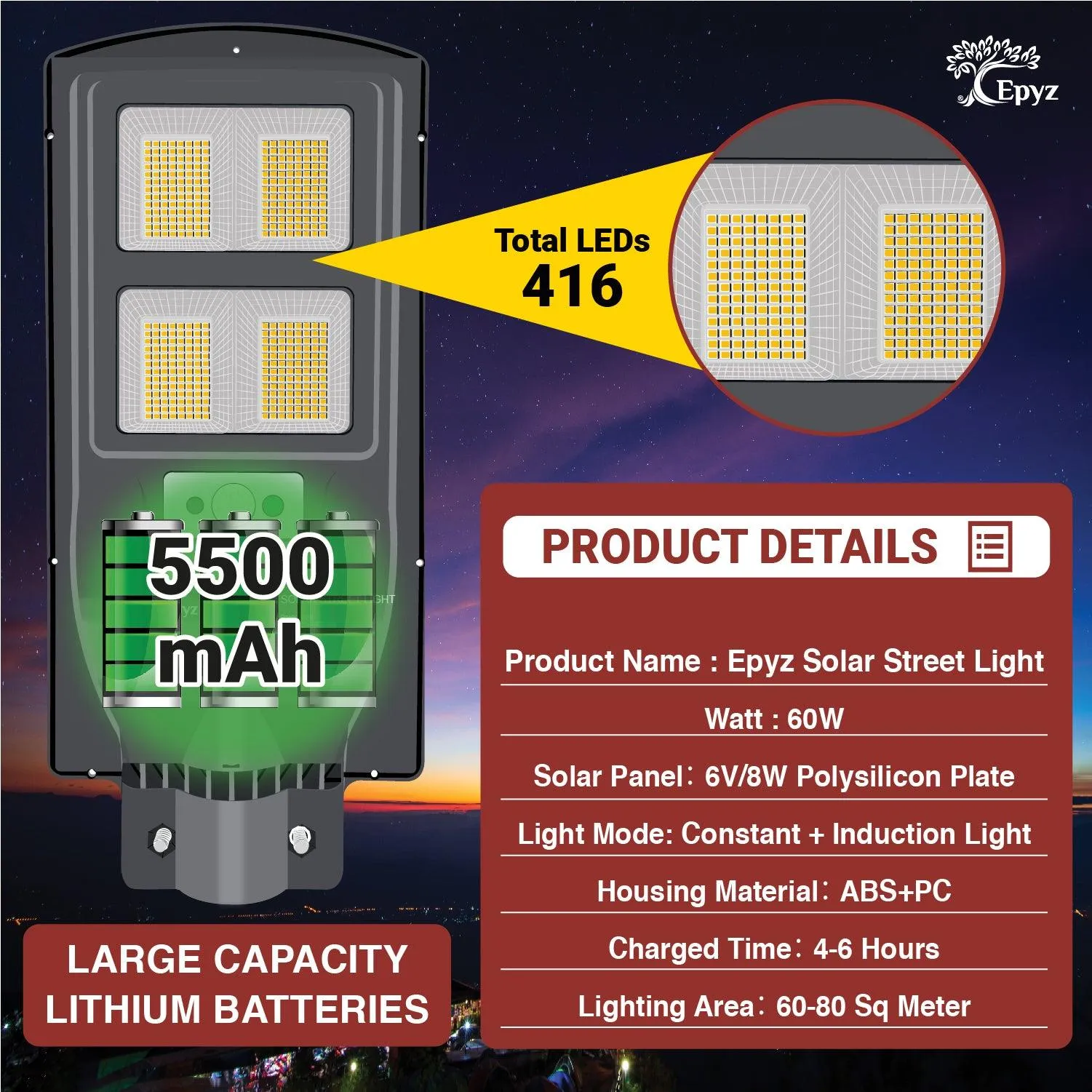 60 Watt Solar Street Lights for Garden (Warm Light )